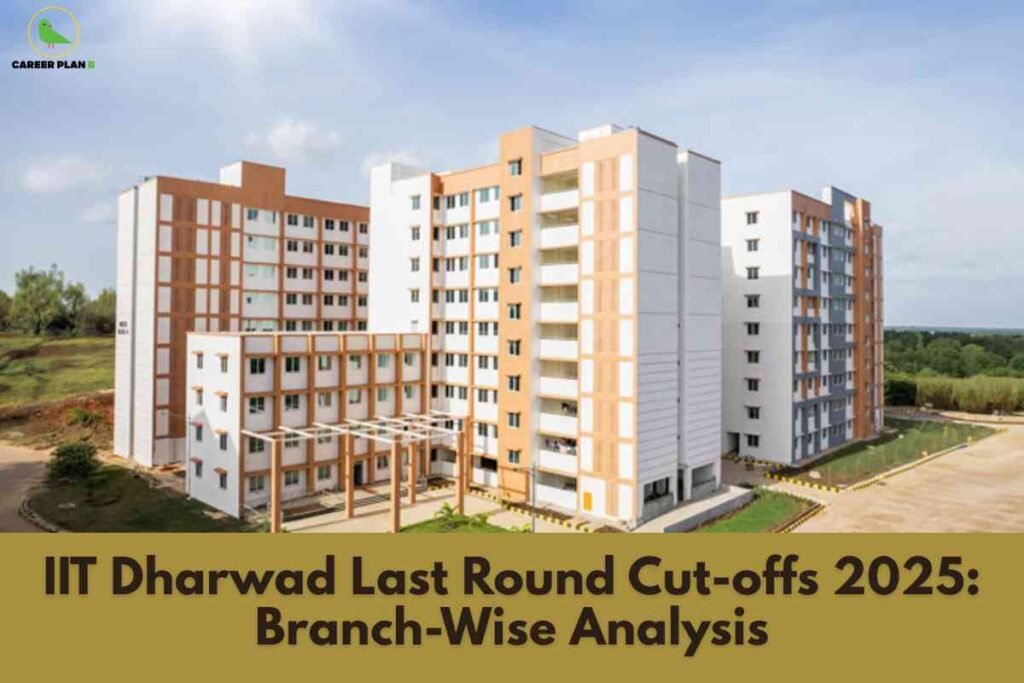 A branch-wise analysis image for IIT Dharwad Cut off 2025, featuring the modern, multi-story academic building surrounded by greenery under a blue sky, with a gold banner at the bottom stating “IIT Dharwad Last Round Cut-offs 2025: Branch-Wise Analysis,” visually emphasizing detailed cutoff trends and statistics for various engineering branches in the 2025 admission cycle.