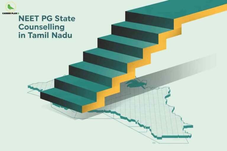 The background is a pale mint green. In the top left corner, there is a green bird logo with the text "CAREER PLAN B" next to it. On the left side, bold blue text reads: "NEET PG State Counselling in Tamil Nadu." The main visual element is a set of wide, teal-colored 3D stairs with yellow undersides, ascending from the bottom right towards the upper right side of the image. The stairs start from a grid-like outline map representing Tamil Nadu, suggesting the steps involved in the state's PG counseling process leading upward, symbolizing progress or advancement. The overall design visually represents guidance and pathways for postgraduate medical counseling in Tamil Nadu.