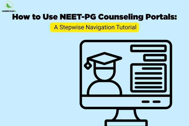 Light blue background featuring desktop computer monitor icon displaying graduation cap figure with form fields showing how to use NEET-PG counselling portals with stepwise navigation tutorial in yellow banner and Career Plan B logo