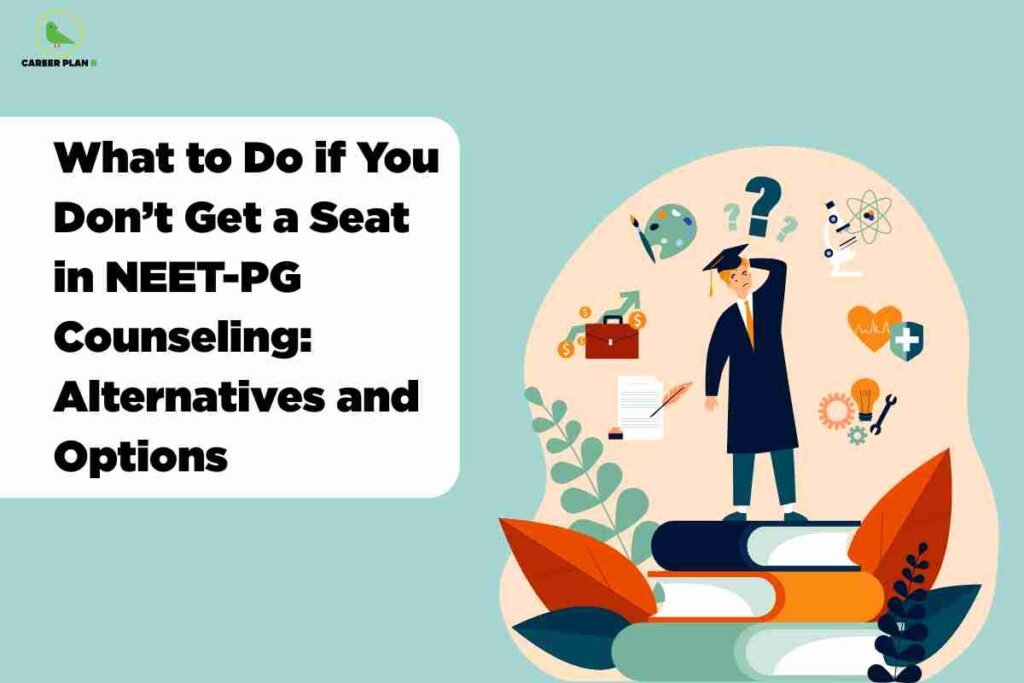 Illustrated businessman in graduation cap standing on stack of books with confused expression and question mark surrounded by career-related icons including briefcase plant lightbulb medical cross and atom symbol on teal background explaining what to do if you don't get a seat in NEET-PG counselling alternatives and options with Career Plan B logo