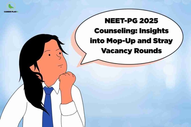 Thoughtful young person in white coat with blue tie on light blue background with speech bubble explaining NEET-PG 2025 counselling insights into mop-up and stray vacancy rounds featuring Career Plan B logo and simple illustration style