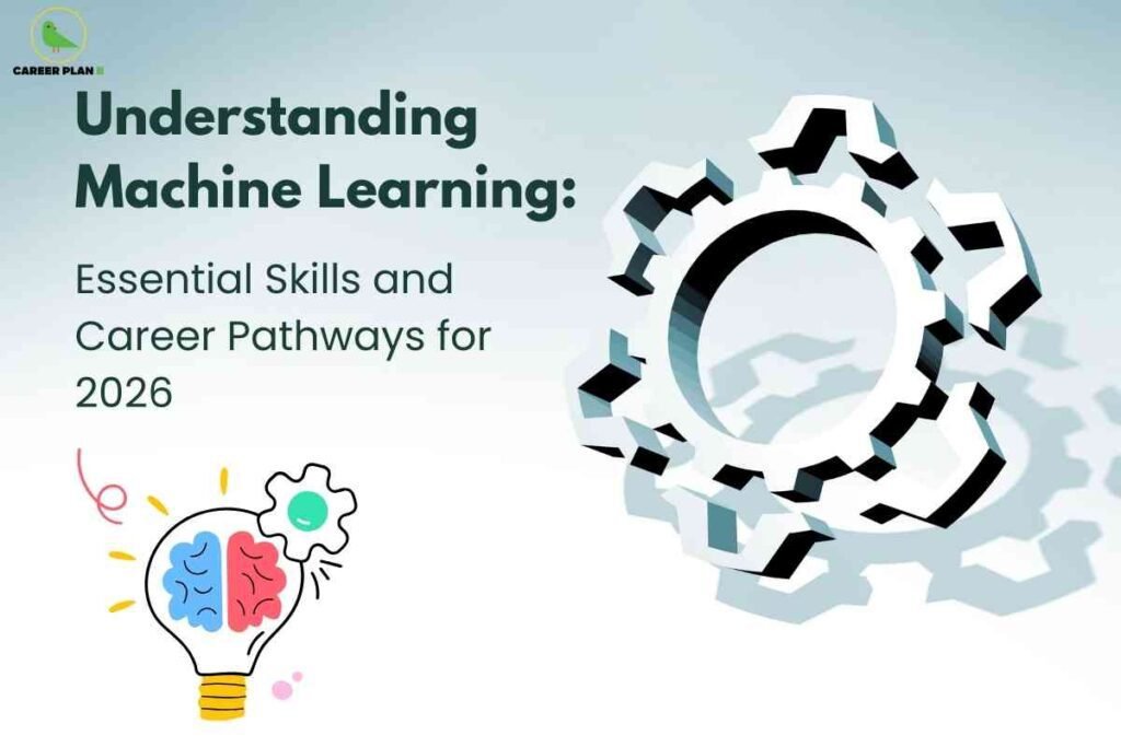 The image has a soft gradient light blue background. On the left, there is a green bird logo labeled “CAREER PLAN B” in the top left corner. Below it, large dark green text reads: “Understanding Machine Learning:” followed by smaller green text: “Essential Skills and Career Pathways for 2026.” The lower left features a colorful illustration of a lightbulb containing a stylized brain (half blue, half red) and a mint-green gear, with lines and dots radiating from the bulb, indicating ideas and innovation. On the right side, overlapping three-dimensional gear graphics are depicted in white and black, casting shadows on the background. The image conveys the theme of acquiring skills and exploring career paths in machine learning for 2026.