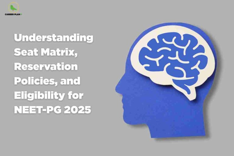 Blue human head profile silhouette with brain visible displaying understanding seat matrix reservation policies and eligibility for NEET-PG 2025 on gray background with Career Plan B logo representing knowledge and educational planning concepts