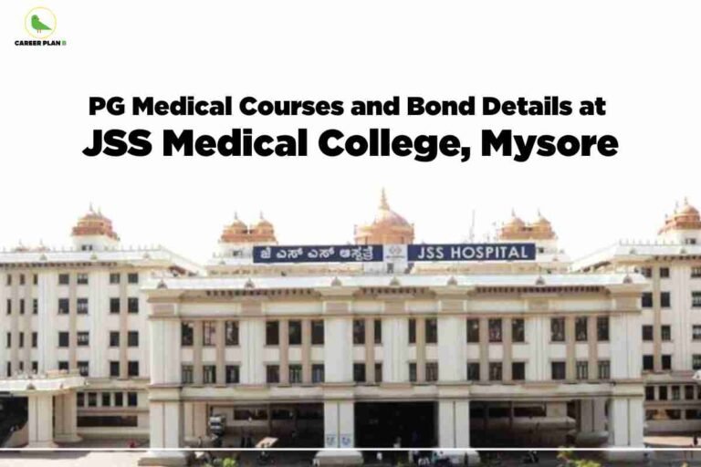 Imposing white medical college building with multiple domed structures and JSS Hospital signage showing PG medical courses and bond details at JSS Medical College Mysore with traditional architecture and Career Plan B branding on clear sky background