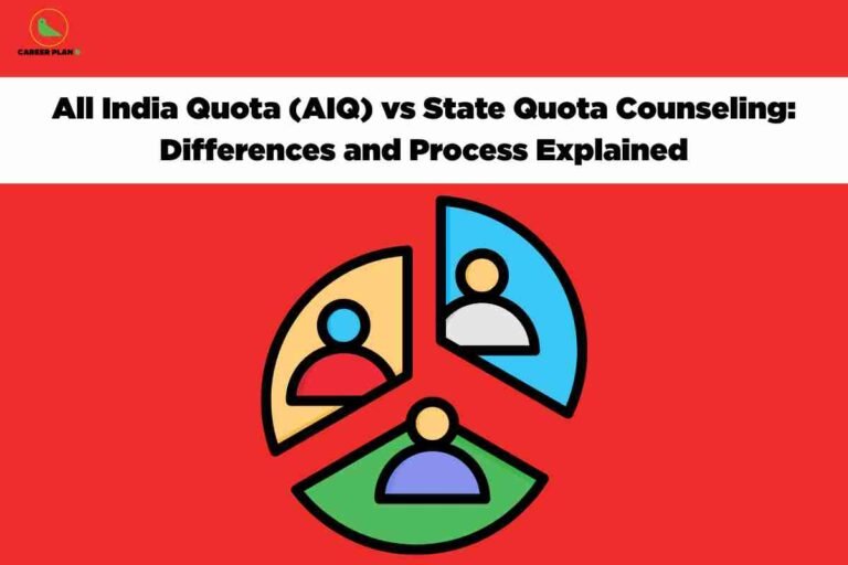 Red background with white text explaining All India Quota AIQ versus State Quota counselling differences and process featuring colorful pie chart graphics with three human figure icons representing different colored segments in yellow blue and green sections with Career Plan B branding