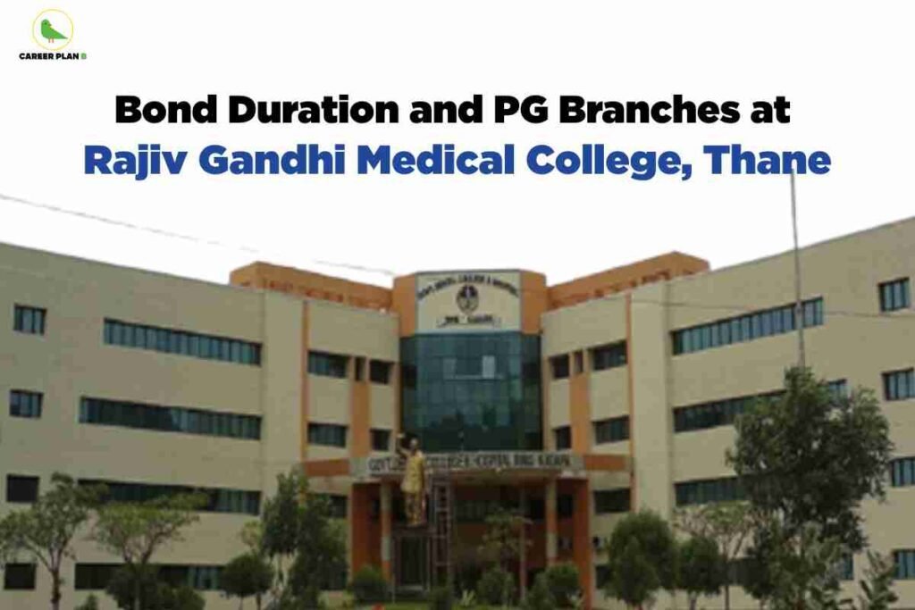 Modern cream and orange colored medical college building with glass central entrance and symmetrical wings displaying Bond Duration and PG Branches at Rajiv Gandhi Medical College Thane with landscaped gardens and clear sky background featuring Career Plan B logo