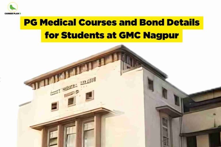 Modern white medical college building with distinctive brown wooden upper level balconies and arched architectural features displaying PG medical courses and bond details for students at GMC Nagpur with Career Plan B logo on yellow banner against clear sky background