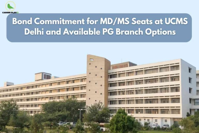 A pale, modern multi-story academic block of UCMS Delhi is pictured in daylight, surrounded by green trees and parked vehicles. The upper blue banner features prominent white text: "Bond Commitment for MD/MS Seats at UCMS Delhi and Available PG Branch Options," highlighting key information about postgraduate medical seat allocations and mandatory service agreements. The Career Plan B logo is visible at the top left, linking the image to trusted admission and counseling guidance.