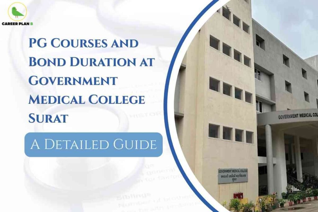 A daylight photograph displays the modern beige multi-story building of Government Medical College Surat, featuring rectangular windows and a wide entrance with the college name in bold above the portico. The left side of the image includes large blue text: "PG Courses and Bond Duration at Government Medical College Surat," and a blue box stating "A Detailed Guide," emphasizing in-depth information about postgraduate program options and service bonds at the institution. The Career Plan B logo is positioned at the top left, associating the image with trusted academic guidance.