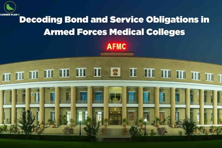 The image shows the main building of the Armed Forces Medical College (AFMC) at night, brightly lit from the outside. The structure is symmetrical, constructed in a colonial architectural style with tall pillars across its front, multiple windows, and a broad staircase leading up to the entrance. The center of the building displays the Indian national emblem above the main doors. At the top of the building, a large, red neon sign reads "AFMC." In the top left corner, there is a logo featuring a green bird and the words "CAREER PLAN B." Superimposed at the top of the image is a prominent white caption: "Decoding Bond and Service Obligations in Armed Forces Medical Colleges," highlighting the topic discussed in connection with the AFMC.