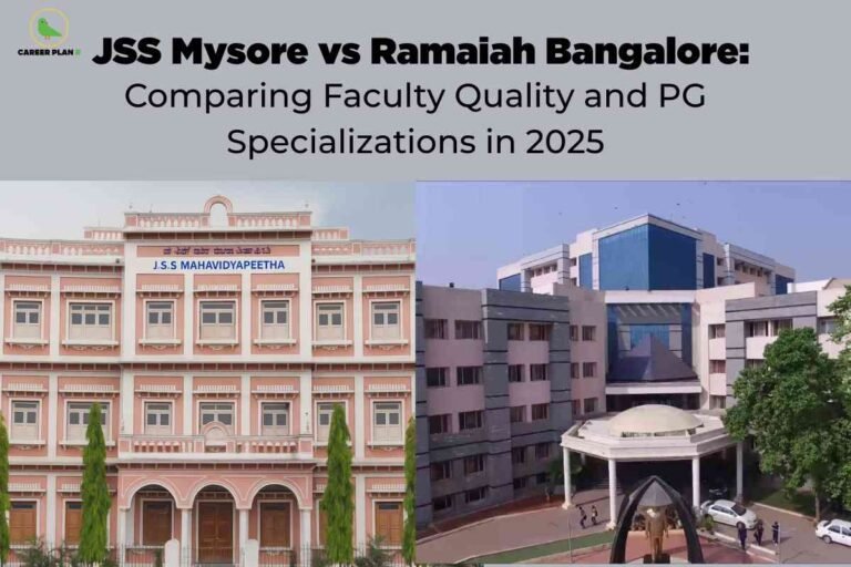 The image is split into two halves. The left half shows the facade of the JSS Mahavidyapeetha building in Mysore, which is a three-story structure painted in light pink and white, featuring multiple symmetrically placed windows, decorative railings, and arched entrances with tall green shrubs in the foreground. The right half features a modern multi-story building of Ramaiah Bangalore, with a combination of white and blue exterior, glass panels, and a circular entrance canopy. In front of the Ramaiah building, there is a small garden area with a statue, a roundabout, and several people walking. At the top of the image, on a light grey background, bold black text reads: "JSS Mysore vs Ramaiah Bangalore: Comparing Faculty Quality and PG Specializations in 2025," summarizing the comparative academic focus of the image. The "CAREER PLAN B" logo with a green bird icon is placed in the top left corner.