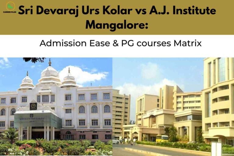 The image is horizontally divided, featuring two medical college buildings side by side. The left side shows the grand entrance of Sri Devaraj Urs Medical College in Kolar, India, characterized by an elegant white facade, arched windows, and classical domes on the roof. A lush garden and manicured bushes are visible in the foreground. The right side displays the modern buildings of A.J. Institute of Medical Sciences in Mangalore, distinguished by a beige exterior, glass windows, and contemporary architectural lines, with a wide driveway and several vehicles parked in front. Above the images, there is a gold banner with bold black text: "Sri Devaraj Urs Kolar vs A.J. Institute Mangalore: Admission Ease & PG courses Matrix." The "CAREER PLAN B" logo, with a green bird, is present in the top left corner. The central white strip beneath the banner contains the subtitle "Admission Ease & PG courses Matrix" in large, clear font.
