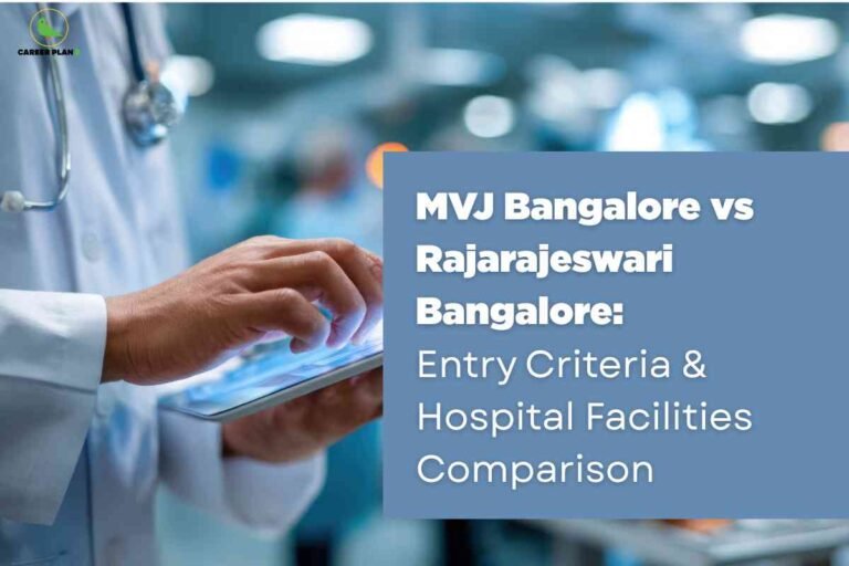 The image features a medical professional in a white coat with a stethoscope, using a tablet device. The focus is on the person's hands interacting with the tablet, while the background shows a blurred clinical or hospital setting with soft blue tones and medical staff or equipment faintly visible. On the right half of the image, a large blue-grey overlay box contains white text: "MVJ Bangalore vs Rajarajeswari Bangalore: Entry Criteria & Hospital Facilities Comparison." The "CAREER PLAN B" logo with a green bird is positioned in the top left corner. The image visually emphasizes modern healthcare environments and digital tools in medical admission and facility comparison.