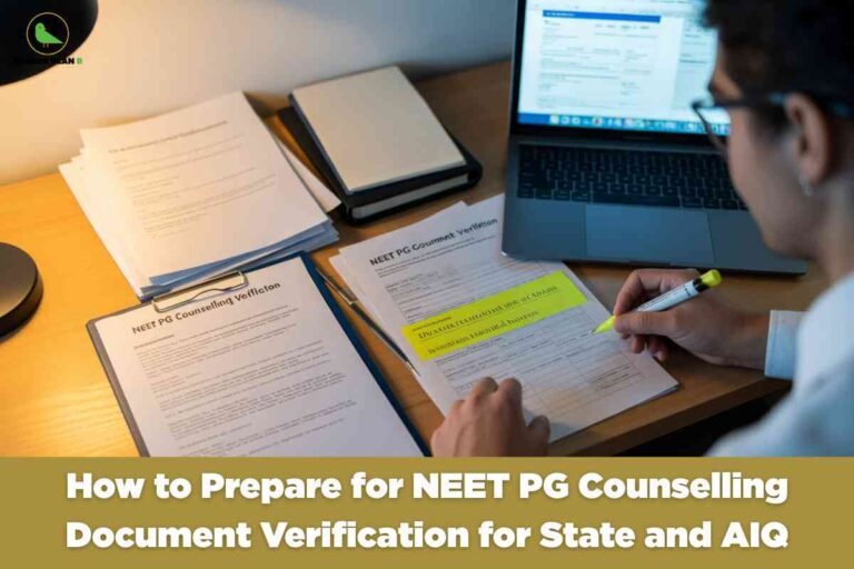 A neatly arranged desk shows a person highlighting a form labeled "NEET PG Counselling Verification," with other documents and a laptop nearby. The setting is a well-lit workspace. At the bottom, a gold banner contains bold white text: "How to Prepare for NEET PG Counselling Document Verification for State and AIQ." The Career Plan B logo appears in the top left corner.