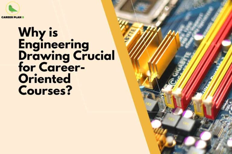 A crisp image split diagonally: the left side has a pale yellow background with bold black text reading: "Why is Engineering Drawing Crucial for Career-Oriented Courses?" In the top left, there's a green bird logo labeled "CAREER PLAN B." The right side displays a close-up photo of a colorful computer motherboard with visible gold heatsinks, red and yellow RAM slots, and various electronic components marked "GIGABYTE." The composition suggests the importance of technical drawing skills in career-focused engineering education.
