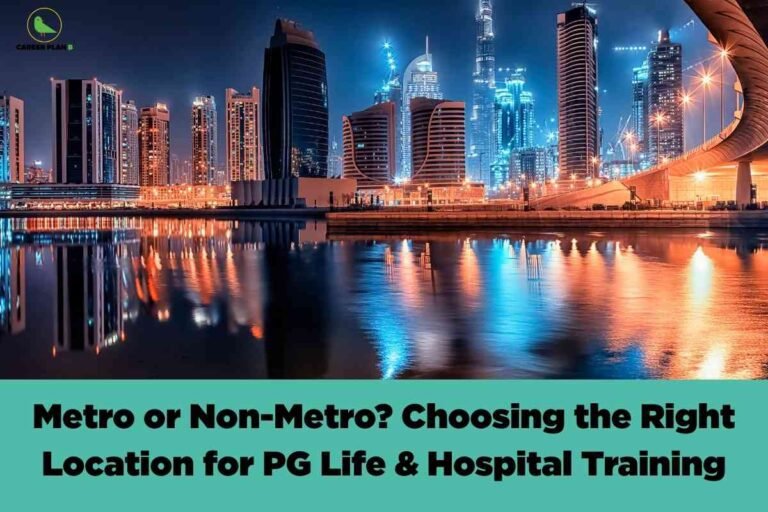 The image features a dazzling nighttime cityscape with towering skyscrapers lit up and their lights reflecting brilliantly in the water below. A prominent curved bridge crosses the scene on the right, adding to the urban aesthetic. The buildings display a mix of contemporary and futuristic designs with multiple lights and some blue-tinted structures. In the top left corner, there is the "CAREER PLAN B" logo with a green bird. At the bottom of the image, a bold mint-green banner spans the width, displaying the text: "Metro or Non-Metro? Choosing the Right Location for PG Life & Hospital Training" in thick black font. The image visually communicates the contrast and decision-making about pursuing medical postgraduate life and training in metropolitan versus non-metropolitan areas.