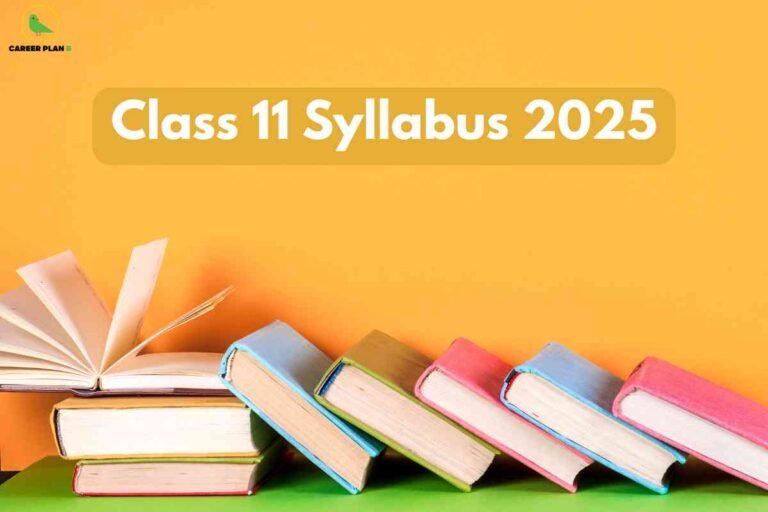 A bright educational-themed image featuring a solid orange background. On the left side, there is a green bird logo labeled "CAREER PLAN B." Centered near the top, a rounded golden yellow rectangle contains bold white text: "Class 11 Syllabus 2025". At the bottom, a row of colorful hardcover books in shades of blue, green, red, and pink are arranged on a green surface; most are stacked horizontally, and one book is open with its pages spread out. The overall image symbolizes academic planning, learning resources, and new curriculum details for Class 11 students in 2025.