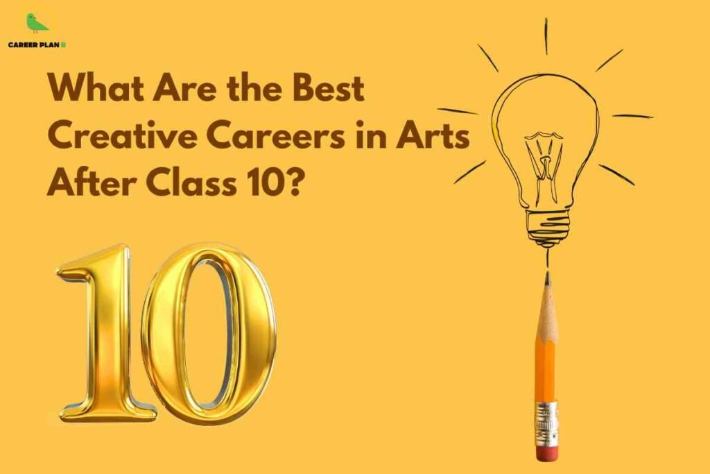 An education-focused image with a solid orange background. At the upper left corner, there is a green bird logo and the text "CAREER PLAN B." Centered horizontally and highlighted within a rounded rectangle, bold white text reads "What Are the Best Creative Careers in Arts After Class 10?" In the foreground at the left, a large shiny gold "10" stands prominently. On the right side, a hand-drawn black outline of a lightbulb rests above a realistic yellow pencil so that the pencil forms the base of the bulb, symbolizing creative ideas and artistic innovation. The visual elements combine to represent post-secondary creative career choices for students finishing the 10th grade.