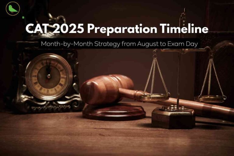 A classic wooden study desk features a vintage clock, a wooden judge’s gavel, and golden balance scales, symbolizing time management and strategic preparation. At the top, bold white headline text reads "CAT 2025 Preparation Timeline," with a black banner below stating "Month-by-Month Strategy from August to Exam Day," emphasizing a structured and detailed approach to CAT exam readiness. The Career Plan B logo appears at the top left, connecting the image to trusted guidance for management entrance preparation.