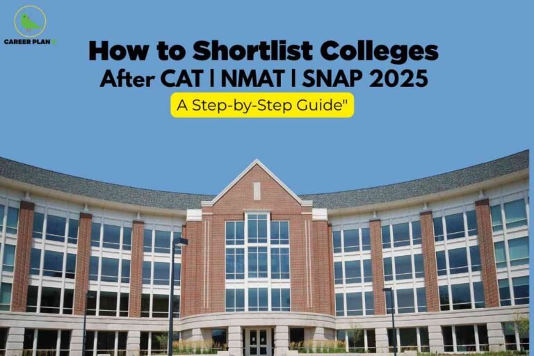 A modern, curved red-brick college building with large glass windows is shown under a clear blue sky, representing premier management institutions. At the top, bold black headline text reads "How to Shortlist Colleges After CAT | NMAT | SNAP 2025," with a yellow highlighted banner underneath stating "A Step-by-Step Guide," emphasizing practical advice for MBA aspirants evaluating admission options. The Career Plan B logo appears at the top left, linking the image to trusted educational resources.