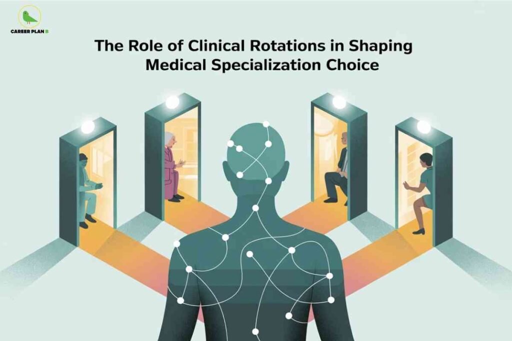 An illustrated graphic highlights the influence of clinical rotations on medical specialization choice. At the top left, there is a small circular green logo labeled “Career Plan B.” The main title in bold black text reads: “The Role of Clinical Rotations in Shaping Medical Specialization Choice.” In the foreground, a stylized silhouette of a human figure is shown from behind, with interconnected white nodes and lines mapped over the head, neck, and shoulders, representing neural pathways or decision-making processes. Ahead of this figure are four partially opened doorways, each brightly lit. Behind each door, a different medical professional is depicted—two men and two women, each seated and engaged as if in conversation—symbolizing different medical specialties or career paths. The overall color scheme is subdued with soft green and yellow tones, conveying a thoughtful, introspective mood about career choice in medicine.