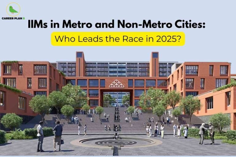 A modern brick campus with lush greenery and stairways is filled with students and professionals, representing a leading Indian Institute of Management (IIM). At the top, bold black headline text reads "IIMs in Metro and Non-Metro Cities:" followed by a yellow highlighted banner, "Who Leads the Race in 2025?" emphasizing a comparative analysis for MBA aspirants. The Career Plan B logo is placed at the top left, linking the image to authoritative insights on IIM locations and competition.