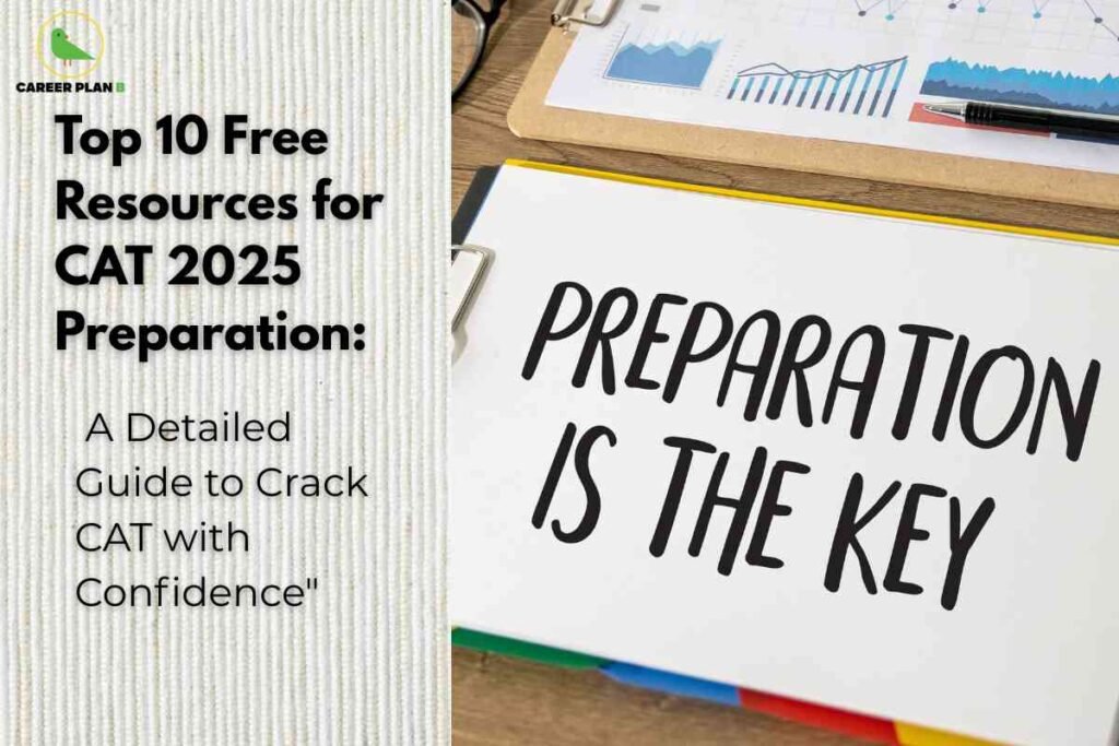 A textured white background features bold black headline text: "Top 10 Free Resources for CAT 2025 Preparation: A Detailed Guide to Crack CAT with Confidence." On the right, a clipboard displays the handwritten phrase "PREPARATION IS THE KEY" next to graphs and charts, emphasizing strategic study and resourcefulness. The Career Plan B logo appears at the top left, linking the visual to reliable exam advice and materials.