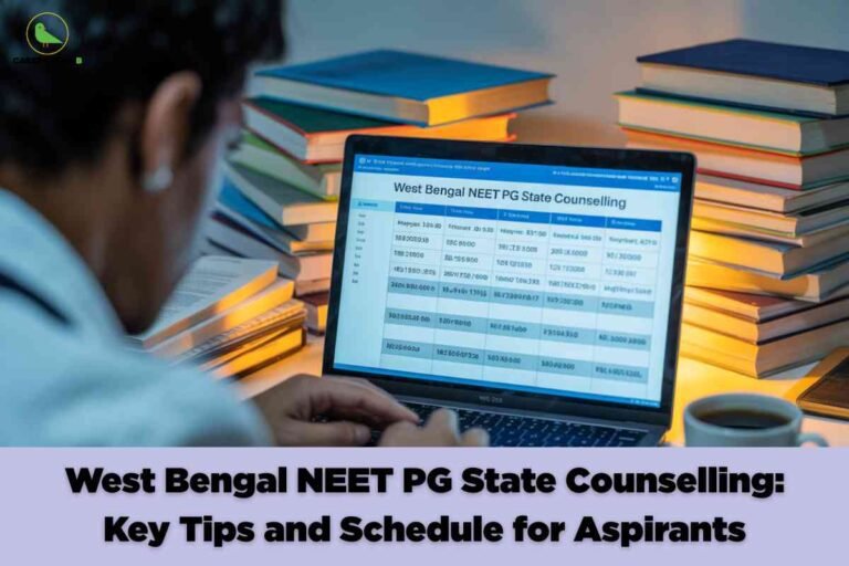 A student sits at a desk surrounded by colorful stacks of books, viewing a laptop screen displaying a table labeled "West Bengal NEET PG State Counselling." The table shows schedules, dates, or ranks. At the bottom, a purple banner with bold black text reads: "West Bengal NEET PG State Counselling: Key Tips and Schedule for Aspirants." The Career Plan B logo is in the top left corner.