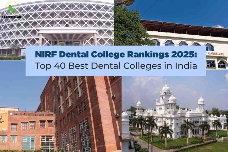 A collage of four different Indian dental college buildings, each occupying a quadrant. The top left features a modern building with a unique oval geometric lattice design. The top right shows a cream-colored building labeled "MANGALORE" with a brown roof and blue sky above. The bottom left highlights a tall, contemporary red-brick building with multiple windows and the name "MAULANA AZAD INSTITUTE OF DENTAL SCIENCES" visible. The bottom right presents a classic white palace-like structure with domes, surrounded by palm trees under a partly cloudy sky. Across the center of the collage, a blue banner reads "NIRF Dental College Rankings 2025: Top 40 Best Dental Colleges in India." The Career Plan B logo—a green bird in a yellow circle—appears in the top left corner. The image emphasizes architectural variety and prestige among India’s leading dental colleges in 2025.