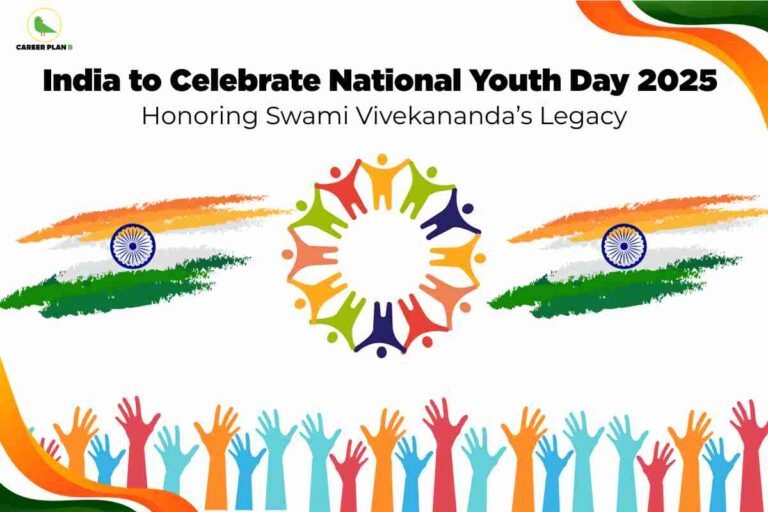 A festive graphic celebrates National Youth Day 2025 in India, prominently featuring the text “India to Celebrate National Youth Day 2025: Honoring Swami Vivekananda’s Legacy.” At the top left is a small green circular logo labeled “Career Plan B.” The center showcases a colorful circle made up of interconnected human figures in orange, green, red, yellow, and blue colors, symbolizing unity and youth. On either side of this circle are artistic, brushstroke renditions of the Indian flag, each displaying the tricolor and blue Ashoka Chakra. Near the bottom, a crowd of vibrant raised hands in shades of blue, orange, red, and teal stretches upwards, conveying youth participation and excitement. The overall image is lively and patriotic, emphasizing celebration, diversity, and homage to Swami Vivekananda.