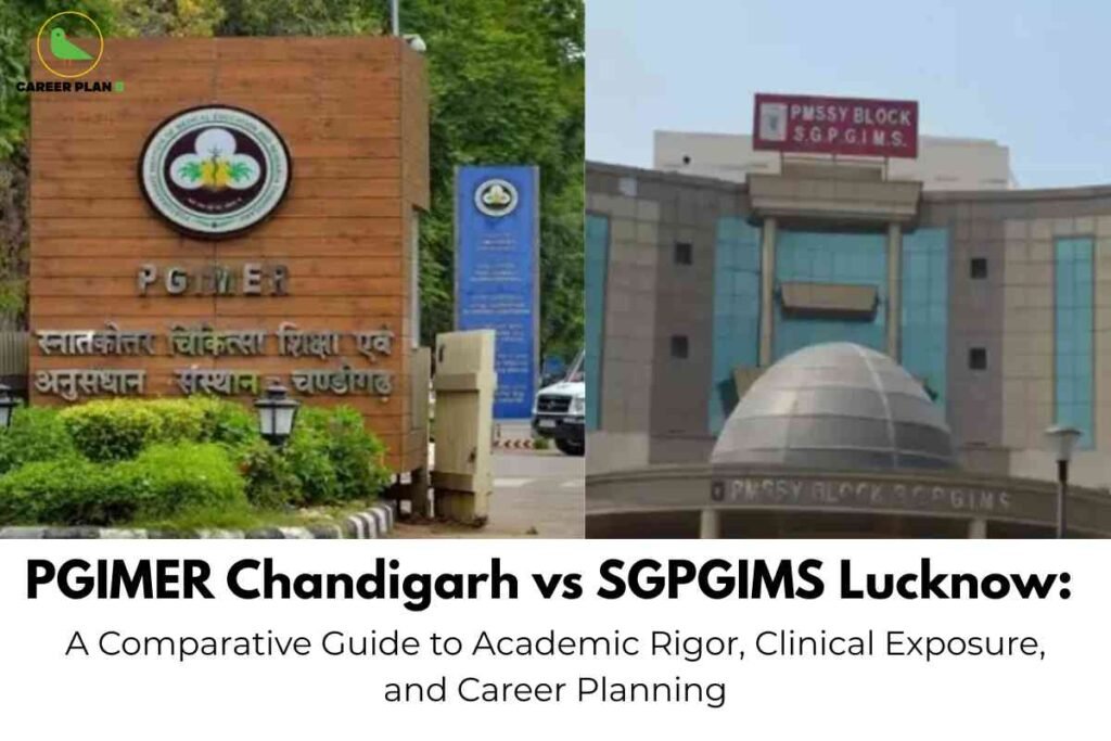 This image is a comparative visual guide featuring two prominent medical institutes in India: PGIMER Chandigarh and SGPGIMS Lucknow. On the left side of the image, there is a photograph of the entrance to PGIMER (Postgraduate Institute of Medical Education and Research) in Chandigarh. The entrance sign is prominently displayed on a wooden board, with the PGIMER logo and institutional name written in both English and Hindi. The wooden sign is surrounded by green shrubbery and trees, giving the area a lush, landscaped appearance. Behind the sign, there is a blue informational board and part of a security gate, with a vehicle partially visible. On the right side, the image displays the modern facade of SGPGIMS (Sanjay Gandhi Postgraduate Institute of Medical Sciences) in Lucknow. The building features a large dome-like structure above the entrance with the sign "PMSSY Block S.G.P.G.I.M.S." The building's design includes blue-tinted glass panels and gray stonework, conveying a contemporary and institutional appearance under a clear sky. At the top left corner, there is a small logo with a bird and the words "Career Plan B," representing the guide's publisher. The bottom segment of the image contains the title in bold lettering: "PGIMER Chandigarh vs SGPGIMS Lucknow: A Comparative Guide to Academic Rigor, Clinical Exposure, and Career Planning." This text emphasizes that the image relates to an in-depth comparison between these two prestigious medical education institutions, particularly focusing on academics, practical clinical experience, and professional career advancement.