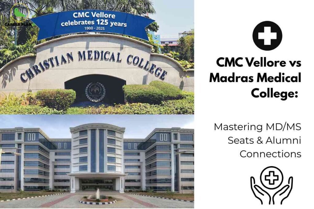 This image provides a detailed visual comparison between two prestigious medical institutions in Tamil Nadu, India: Christian Medical College (CMC) Vellore and Madras Medical College. At the top left portion of the image, there is a photograph showing the entrance to CMC Vellore. The entrance features a large stone wall with “CHRISTIAN MEDICAL COLLEGE” elegantly inscribed in capital letters. Above the entrance, a bright blue arch displays the celebratory message “CMC Vellore celebrates 125 years 1900-2025,” indicating the college’s long-standing legacy. Decorative greenery and palm trees surround the entrance, enhancing the visual appeal and emphasizing the institution’s heritage. The college emblem is visible beneath the archway, centered on the wall. Below this, occupying the bottom left of the image, there is a photo of the imposing, modern facade of Madras Medical College. The building is expansive, with symmetrical wings and a central tower, featuring blue accent panels and white walls. The architecture looks institutional and grand, sporting several rows of windows and a welcoming entrance with a round driveway and fountain. The setting suggests a significant and well-maintained academic facility. On the right half of the image, a white background is used to present informational and thematic content. At the top, a black circle contains a white medical cross, signifying healthcare and medical education. Next to it, bold black text reads: “CMC Vellore vs Madras Medical College:” followed by a subtitle in regular font—“Mastering MD/MS Seats & Alumni Connections”—which suggests the focus is on postgraduate admissions and valuable professional networks. At the bottom, another icon inside a circular outline shows a medical cross above two outstretched hands, symbolizing healthcare support and connection. The overall composition strongly highlights the visual identities of these two medical colleges and signals a comparative exploration of their MD/MS postgraduate seats and alumni engagement. The image also features the “Career Plan B” logo in the top left corner, indicating the publishing or guide brand.
