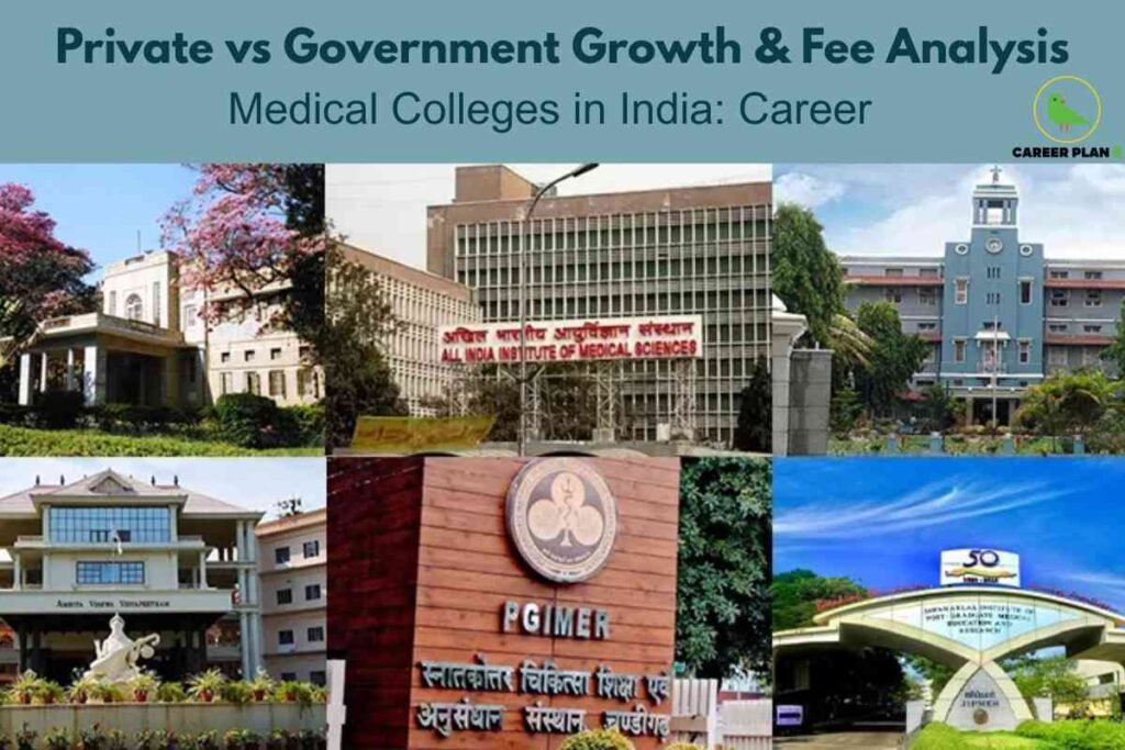 This image presents a comparative overview of private and government medical colleges in India, focusing on their respective growth, infrastructure, and fee analysis as crucial factors in career planning. The upper segment features a blue banner with bold text stating “Private vs Government Growth & Fee Analysis” followed by “Medical Colleges in India: Career,” and is marked with the “Career Plan B” logo, indicating the guide’s origin. The main body of the image showcases six distinct photographs arranged in a grid. These include campus buildings with diverse architectural styles: a colonial structure set amidst lush greenery, the prominent All India Institute of Medical Sciences (AIIMS) with its recognizable signage, and a blue government college with a clock tower and manicured gardens. On the lower row, there is the modern entrance of the private Amrita Vishwa Vidyapeetham, the wood-paneled signage of PGIMER Chandigarh surrounded by shrubs, and the arched gateway of Jawaharlal Institute of Postgraduate Medical Education & Research highlighted by a 50th-anniversary emblem. Collectively, the image visually contrasts the environments and infrastructures of key private and public medical institutes, providing a concise visual guide to examining career options, institutional reputations, and financial planning in Indian medical education.