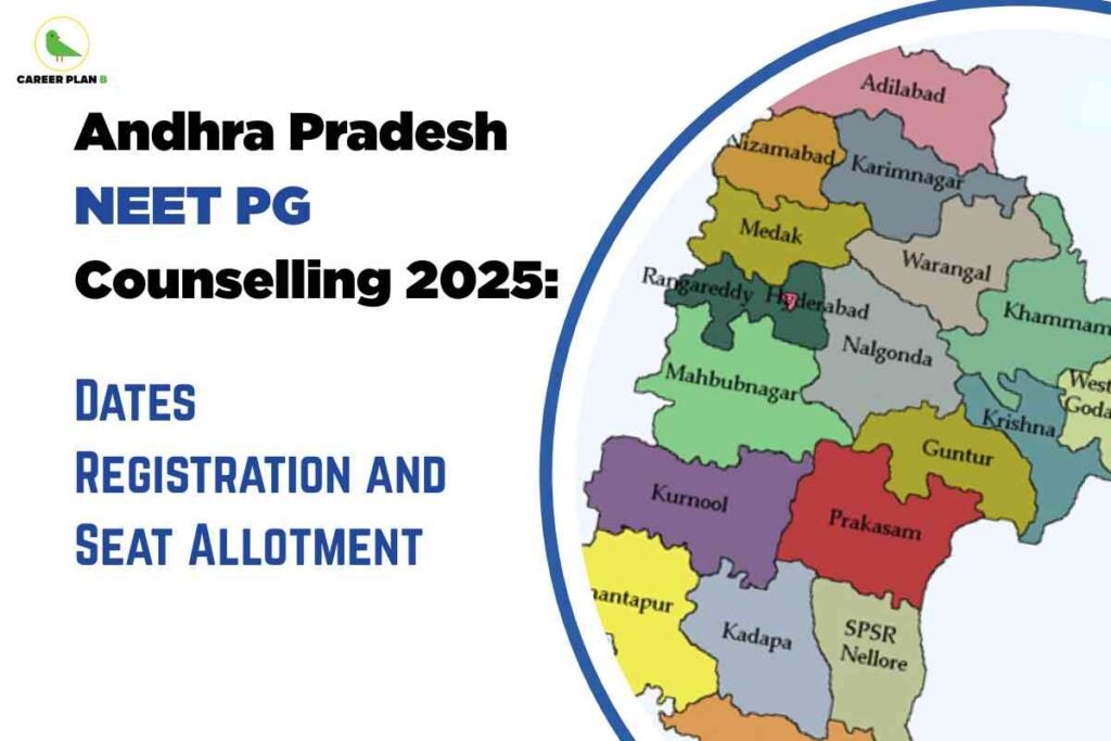 A colorful map of Andhra Pradesh with district names takes up the right half of the image. On the left, bold black and blue text reads: "Andhra Pradesh NEET PG Counselling 2025: Dates Registration and Seat Allotment." The Career Plan B logo appears in the top left corner.