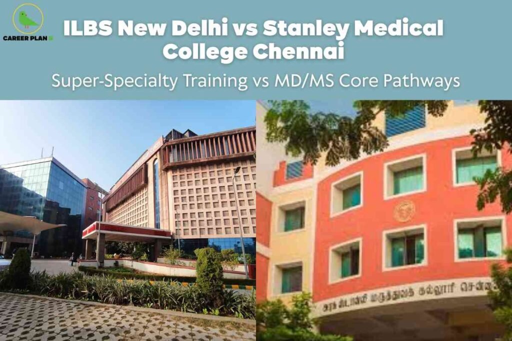 This image compares ILBS (Institute of Liver and Biliary Sciences) New Delhi and Stanley Medical College Chennai, focusing on the differences between super-specialty medical training and core MD/MS postgraduate pathways. The top of the image features a blue-green banner with bold white text reading, “ILBS New Delhi vs Stanley Medical College Chennai,” followed by a subtitle, “Super-Specialty Training vs MD/MS Core Pathways,” indicating the main theme of the comparison. The top left corner displays the “Career Plan B” logo, representing the publisher of the guide. The image is divided in half to visually present each institution: the left side shows the ILBS New Delhi campus—characterized by its modern, multi-storey architecture, with a glass-walled building connected to a patterned beige structure, set amidst well-maintained landscaping, shrubs, and paved pathways. The right side displays the exterior of Stanley Medical College in Chennai, identified by its distinctive peach and cream façade, large windows, and institutional signage in Tamil above the entryway, framed by leafy green trees. The overall composition emphasizes both the structural and academic contrasts between the two colleges, providing visual context for aspirants considering advanced specialty or traditional postgraduate medical education in India.