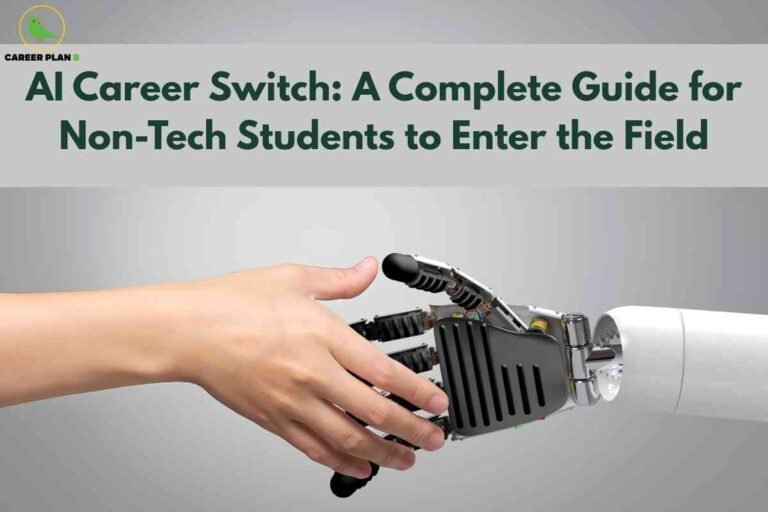 This image guides non-technical students on switching to an AI career. The upper part features a monochrome banner with the "Career Plan B" logo and bold dark green text reading, "AI Career Switch: A Complete Guide for Non-Tech Students to Enter the Field." The central visual element below the banner shows a human hand confidently reaching out to shake hands with a metallic robotic hand, symbolizing collaboration between humans and artificial intelligence. The background is neutral gray, which directs focus to the act of connection, visually conveying opportunities and inclusivity for beginners considering a career in AI.