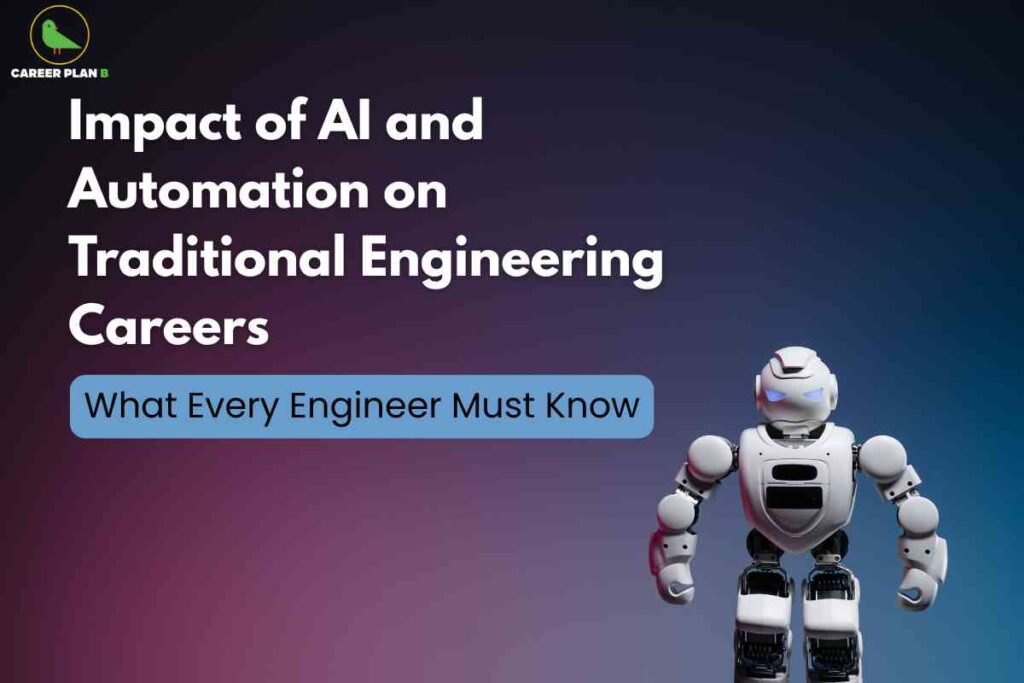 This image highlights the influence of AI and automation on conventional engineering careers. The background transitions from a deep purple at the bottom to dark blue at the top, creating a modern and dynamic feel. On the upper left, the "Career Plan B" logo appears. Prominently across the upper and middle area is bold white text reading, “Impact of AI and Automation on Traditional Engineering Careers.” Beneath this, a blue rounded box contains the phrase “What Every Engineer Must Know,” emphasizing the importance of the topic. To the right, a humanoid robot stands confidently, symbolizing the rise of robotics, technology, and automation in the engineering profession. The composition suggests that understanding these technological changes is essential for engineers in the modern landscape.