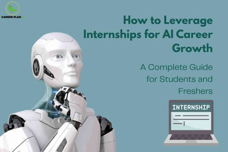 This image illustrates guidance on using internships to advance in AI careers, primarily aimed at students and freshers. The background is a muted blue, with the “Career Plan B” logo at the upper left. On the left side, a humanoid robot in a reflective, thoughtful pose is shown, symbolizing the connection between artificial intelligence and career development. The right side features bold green and regular font text: “How to Leverage Internships for AI Career Growth” and “A Complete Guide for Students and Freshers.” At the bottom right, there is an icon of a laptop displaying the word “INTERNSHIP,” reinforcing the focus on practical work experience as a bridge to career opportunities in artificial intelligence.