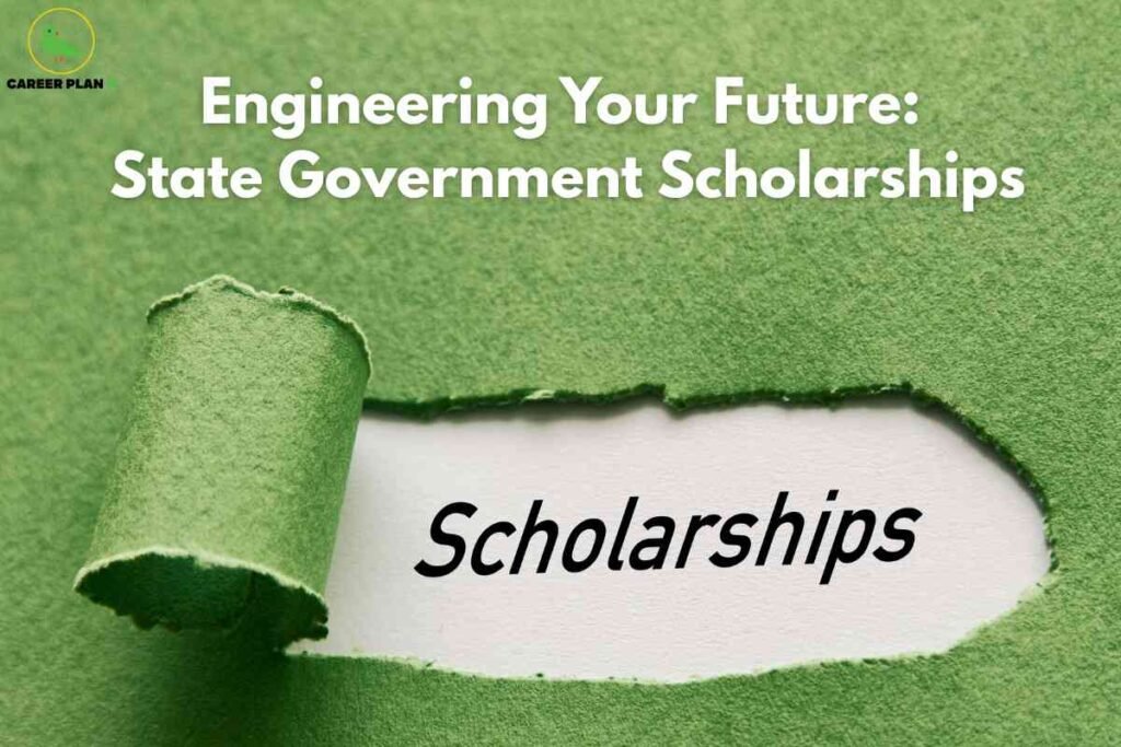 This image highlights the theme of state government scholarships for engineering students. The background consists of a textured green paper surface, with a portion in the center artistically peeled back to reveal the word “Scholarships” written in bold black font on a white layer beneath. At the top, large white text reads, “Engineering Your Future: State Government Scholarships,” suggesting an informative resource about financial support opportunities for aspiring engineers. The "Career Plan B" logo is visible in the upper left corner, indicating the source of the guide. The composition uses the peeling paper effect to symbolize uncovering valuable support through scholarships for future engineers.