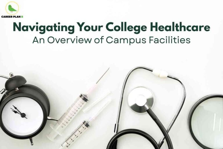 A clean white background features medical items including a black stethoscope, magnifying glass, clock, and two disposable syringes, symbolizing essential healthcare services available on college campuses. At the top, bold dark green text reads "Navigating Your College Healthcare," with a subtitle "An Overview of Campus Facilities," emphasizing a guide for students managing their health needs in an academic environment. The Career Plan B logo is placed in the top left, connecting the image to reliable educational and wellness resources.