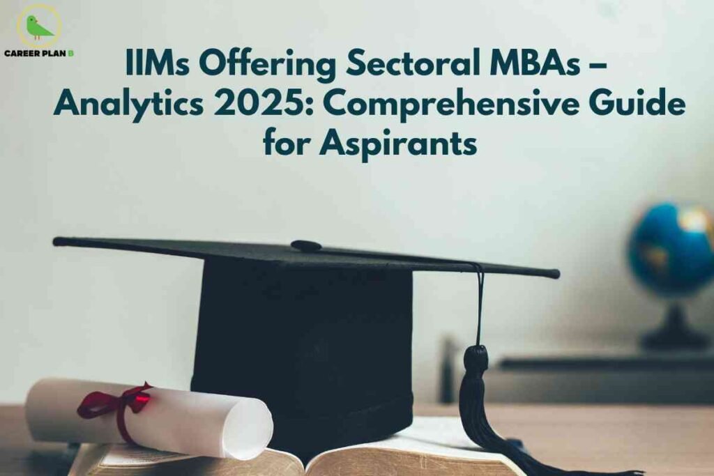 A graduation cap and diploma rest on a book, symbolizing academic achievement and postgraduate studies. In the background, a globe hints at global career prospects and analytics-driven management. Dark teal headline text reads "IIMs Offering Sectoral MBAs – Analytics 2025: Comprehensive Guide for Aspirants," highlighting a resource for candidates seeking specialized MBA programs in analytics at leading Indian Institutes of Management. The Career Plan B logo appears at the top left, linking the image to trusted educational guidance.