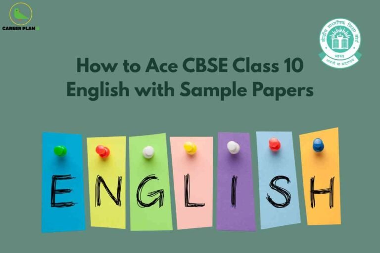 Six colorful paper cards each pinned with a matching push pin spell out ENGLISH on a green background, alongside the CBSE logo and the heading How to Ace CBSE Class 10 English with Sample Papers, visually representing CBSE Class 10 English exam preparation.