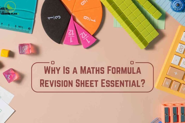 A variety of colourful maths manipulatives and stationery including fraction circles, base ten blocks, dice, rulers, a calculator, and sharpeners are arranged around a central question that asks why a maths formula revision sheet is essential, illustrating the importance of having a dedicated maths formula revision sheet for organized and effective study.