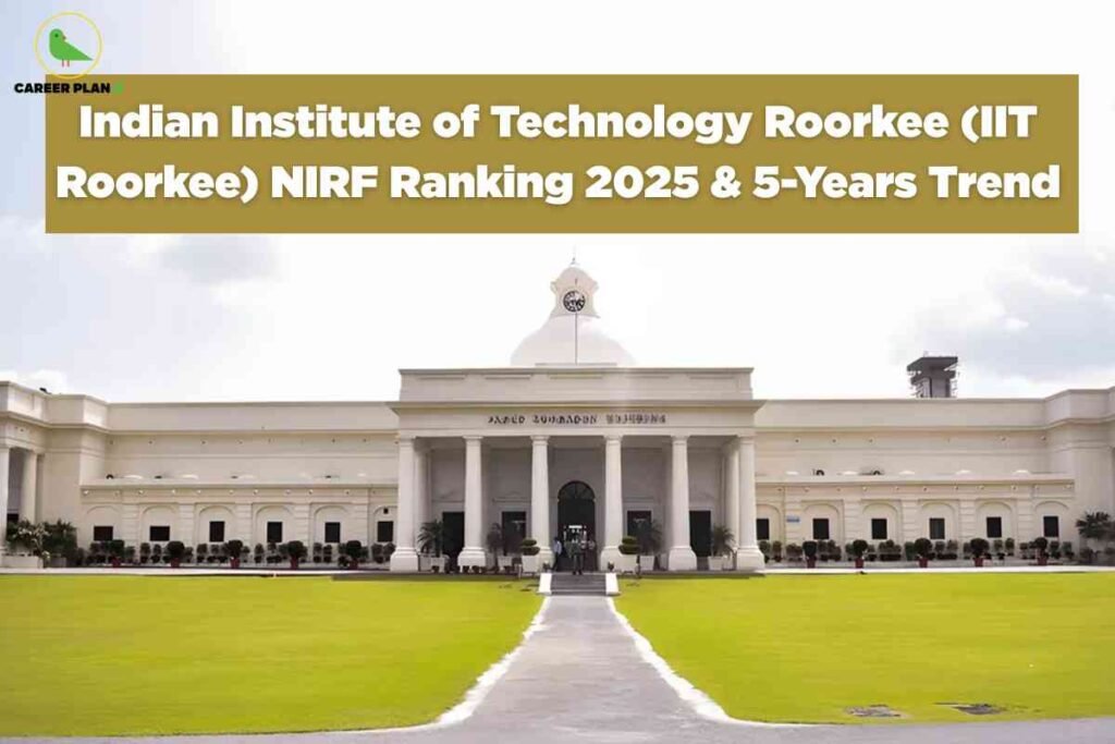 A bright view of IIT Roorkee’s iconic main building features its neoclassical design, with massive white columns and a central domed clock tower, fronted by well-kept lawns and a paved walkway. At the top, a gold banner with bold white text reads "Indian Institute of Technology Roorkee (IIT Roorkee) NIRF Ranking 2025 & 5-Years Trend," highlighting the focus on the institute’s recent and historical performance in national rankings. The Career Plan B logo is displayed at the top left, connecting the image to expert educational ranking resources.