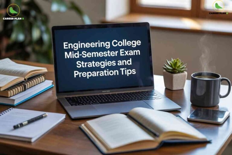 Organized study workspace with laptop displaying "Engineering College Mid-Semester Exam Strategies and Preparation Tips" alongside notebooks, open textbooks, pen, smartphone, coffee mug and small succulent plant near bright window with Career Plan B logos representing comprehensive academic preparation guidance.