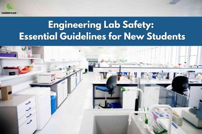 Modern bright laboratory interior with white workbenches, equipment, computer stations, chairs, storage cabinets and large windows showing blue header text "Engineering Lab Safety Essential Guidelines for New Students" with Career Plan B logo representing comprehensive safety protocols for academic laboratory environments.