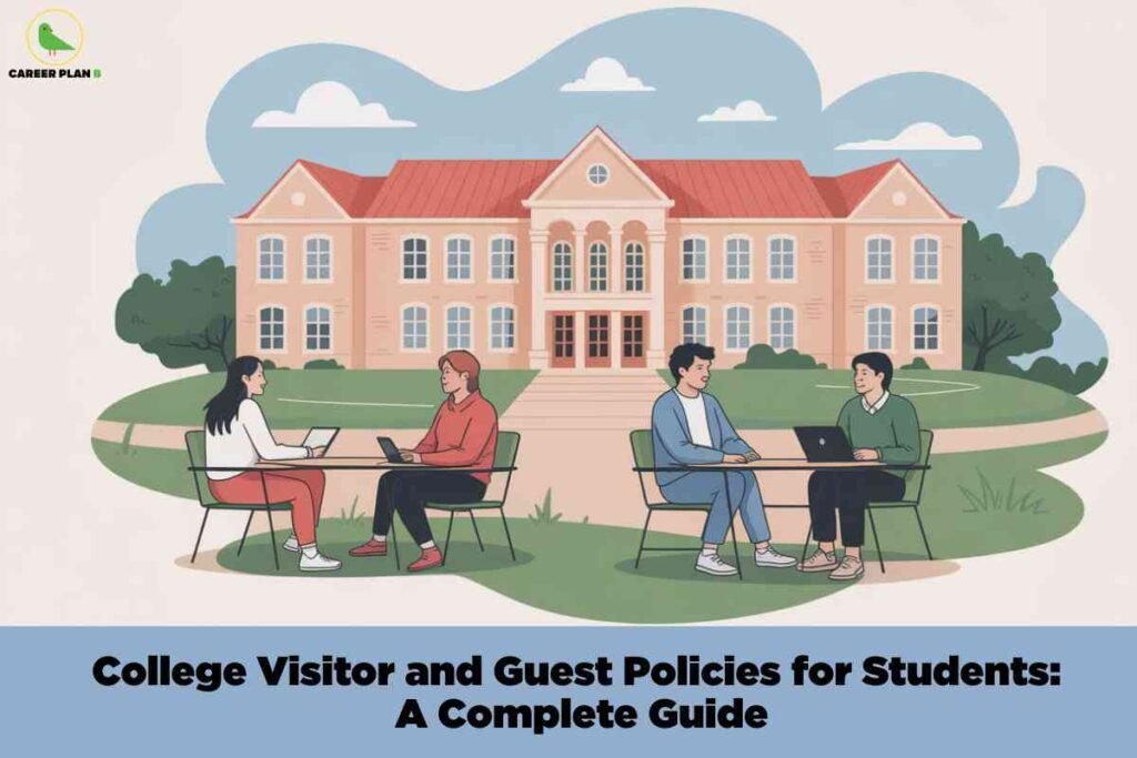 Illustration of college campus scene with pink institutional building featuring red roof, surrounded by green landscaping with four diverse students sitting at outdoor tables with laptops under cloudy blue sky, displaying black footer text "College Visitor and Guest Policies for Students A Complete Guide" with Career Plan B logo.
