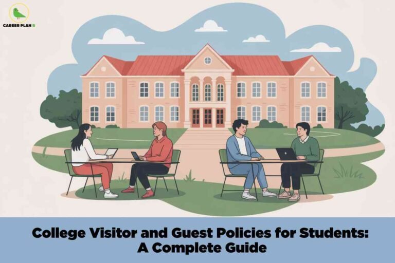 Illustration of college campus scene with pink institutional building featuring red roof, surrounded by green landscaping with four diverse students sitting at outdoor tables with laptops under cloudy blue sky, displaying black footer text "College Visitor and Guest Policies for Students A Complete Guide" with Career Plan B logo.