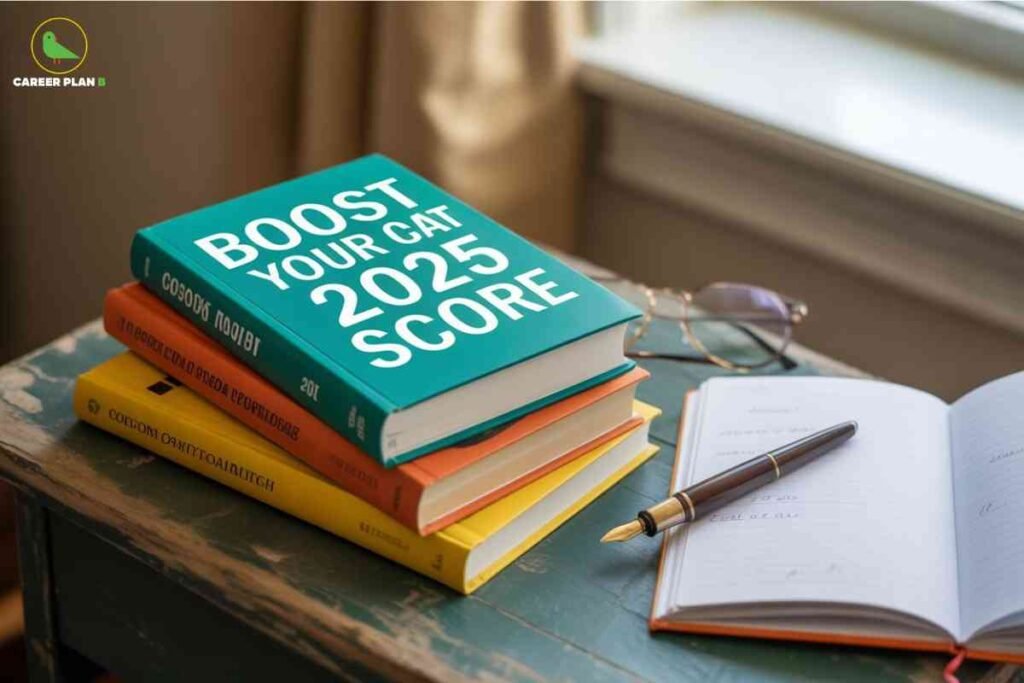 Stack of colorful textbooks including green "BOOST YOUR CAT 2025 SCORE" book with fountain pen and open notebook on wooden desk near window representing comprehensive CAT Reading Comprehension study materials and systematic preparation approach with Career Plan B logo.