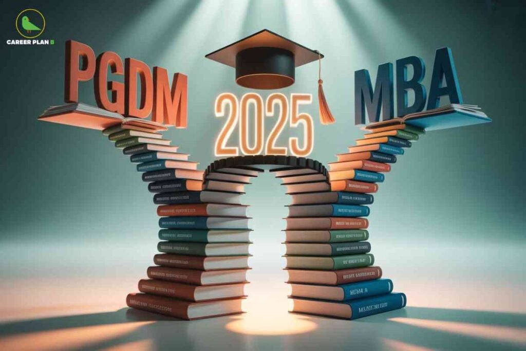 Artistic visualization showing two tall columns of multicolored books topped with red "PGDM" and blue "MBA" text respectively, featuring graduation cap and glowing "2025" centerpiece against cloudy sky background with Career Plan B logo representing educational comparison and decision-making for management studies.